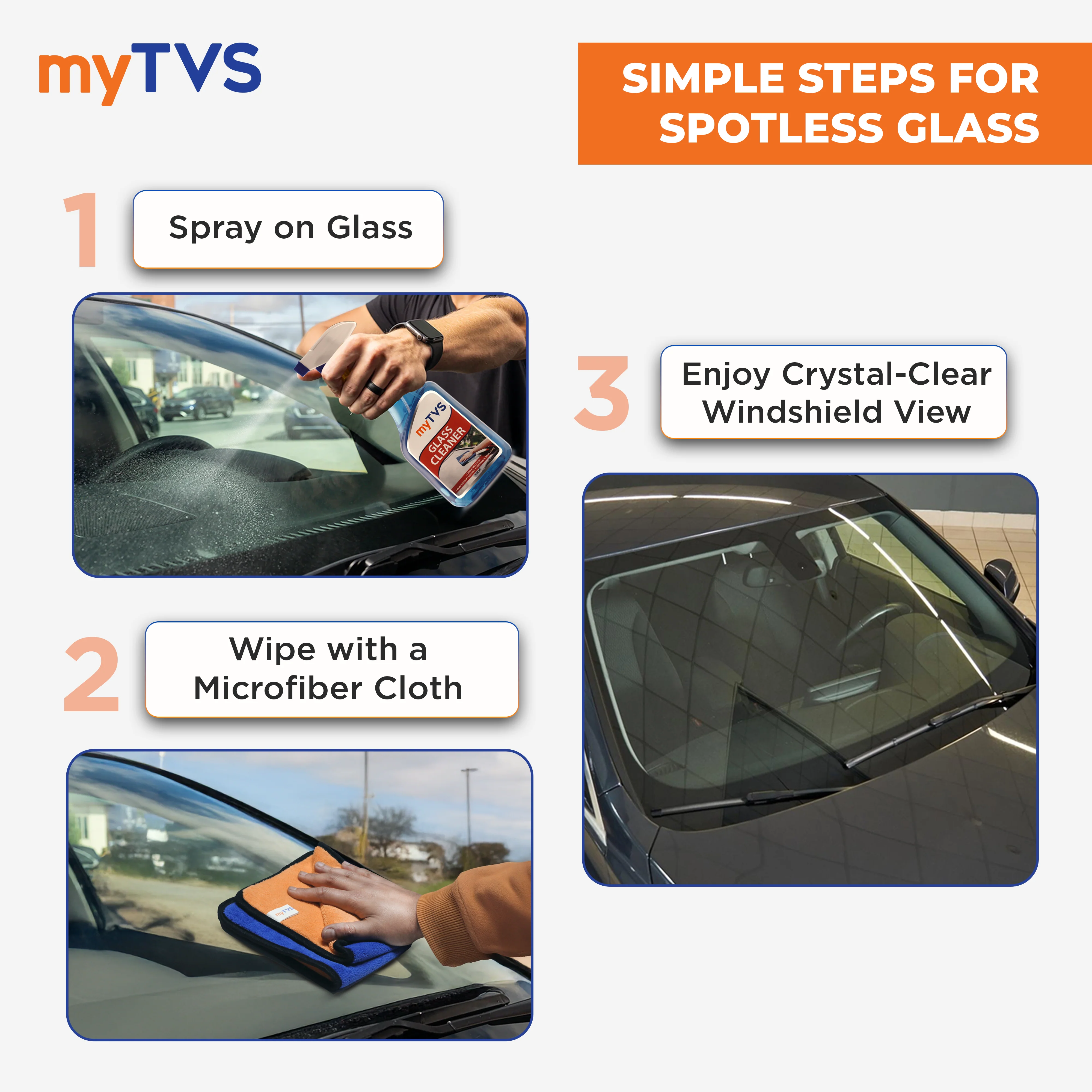 myTVS Car Care Combo Car Glass Cleaner 500ml with 800 GSM Microfiber Cleaning Cloth 40x40cm | CC-GC1_MC-1 - Image 4
