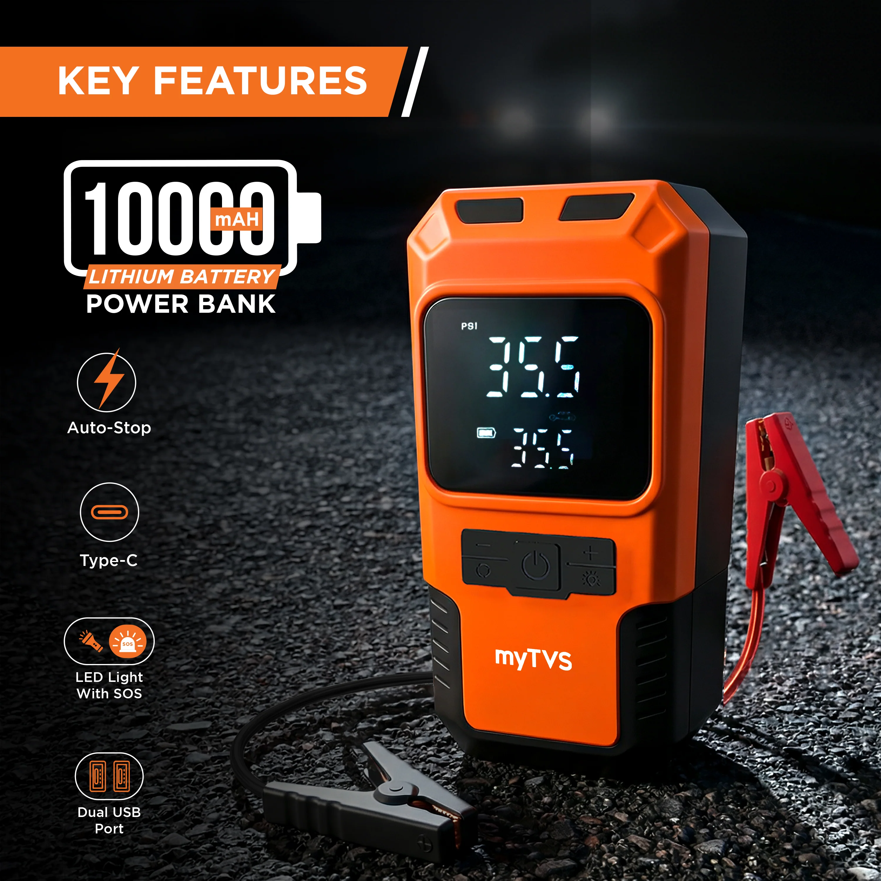 myTVS JS-1 Jump-n-Pump Portable Jump Starter with Tyre Inflator & Power Bank - Image 9