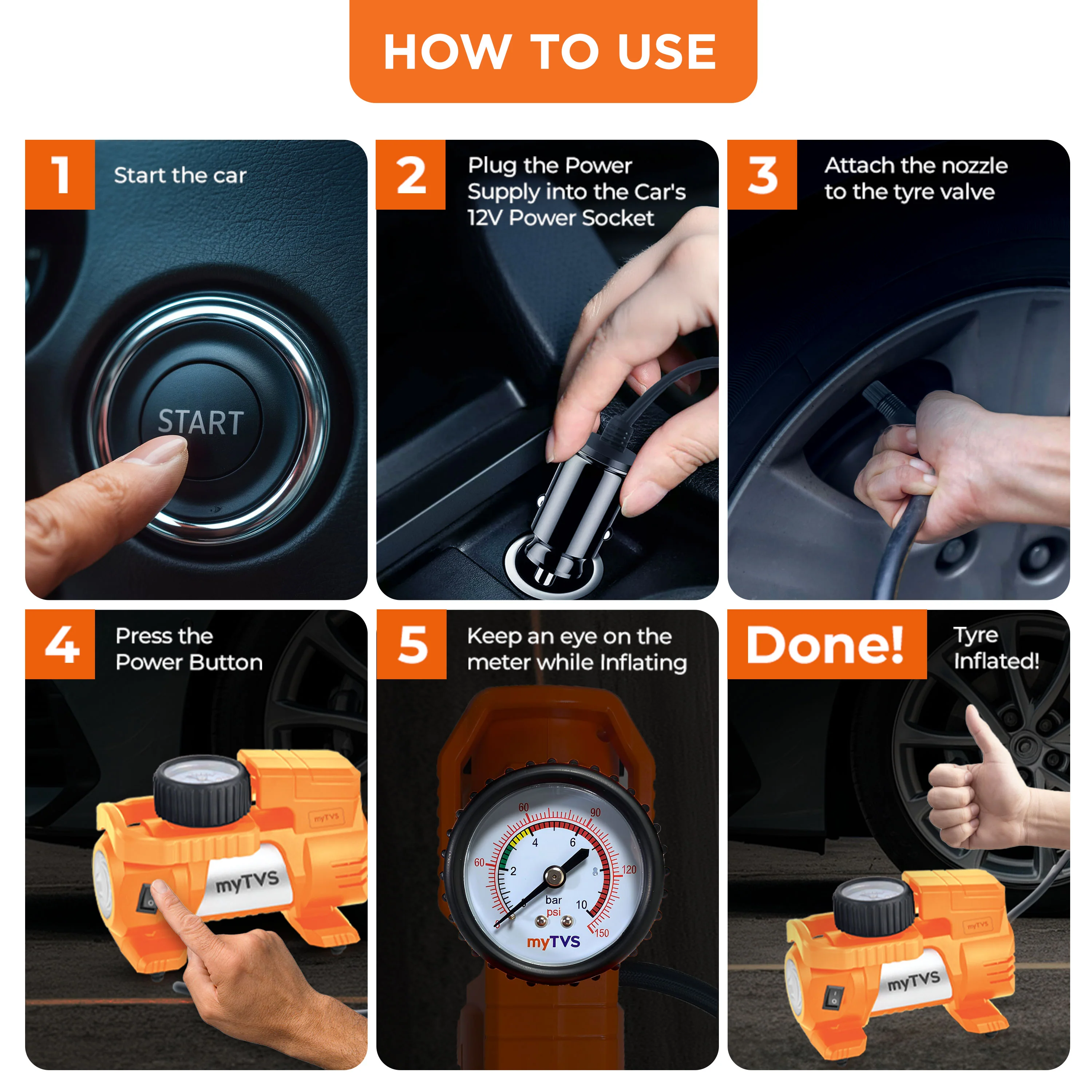 myTVS TI-9 Air Thunder | Analog Heavy Duty Tyre Inflator for Car 150 Psi - Image 9